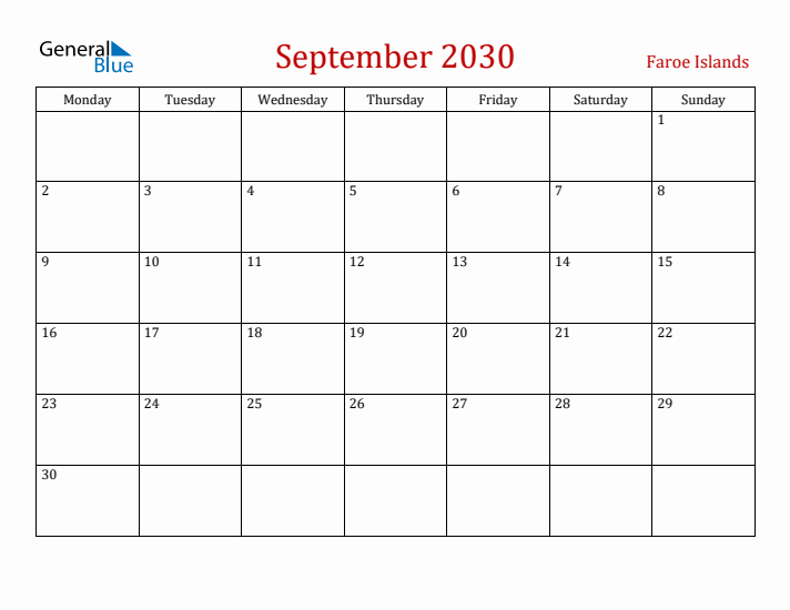 Faroe Islands September 2030 Calendar - Monday Start