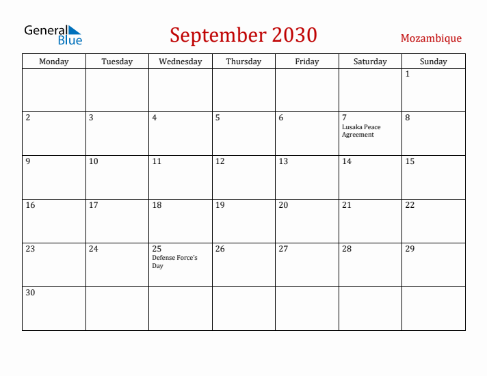 Mozambique September 2030 Calendar - Monday Start