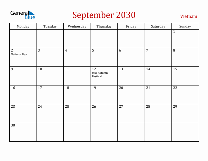 Vietnam September 2030 Calendar - Monday Start