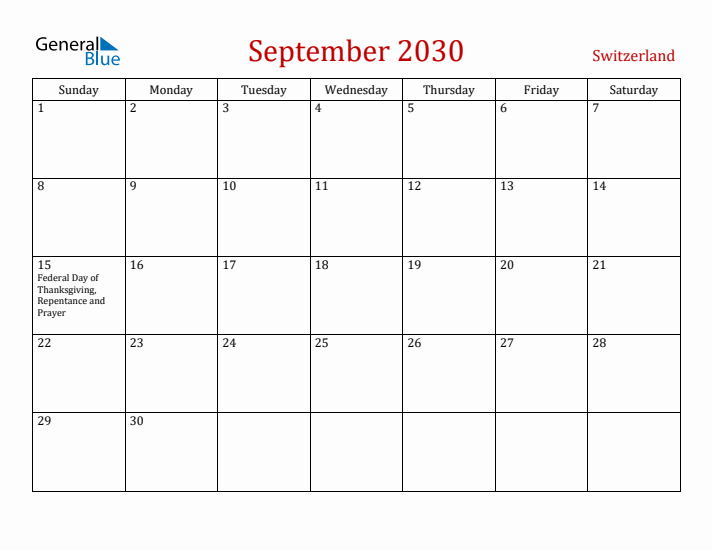 Switzerland September 2030 Calendar - Sunday Start