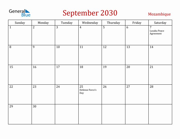 Mozambique September 2030 Calendar - Sunday Start