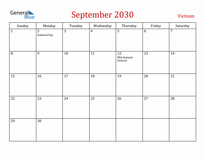 Vietnam September 2030 Calendar - Sunday Start