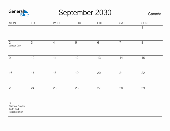 Printable September 2030 Calendar for Canada