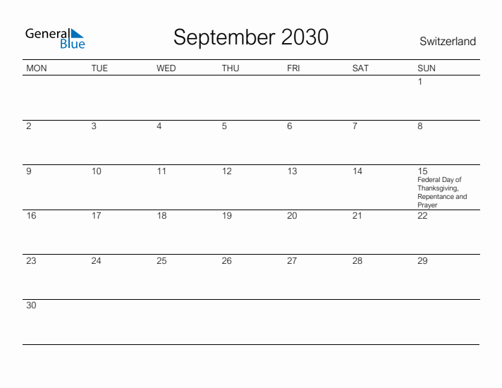 Printable September 2030 Calendar for Switzerland