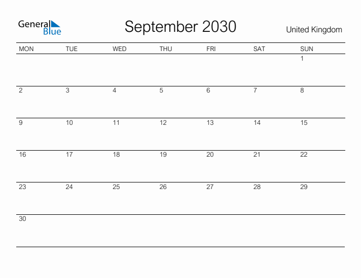 Printable September 2030 Calendar for United Kingdom