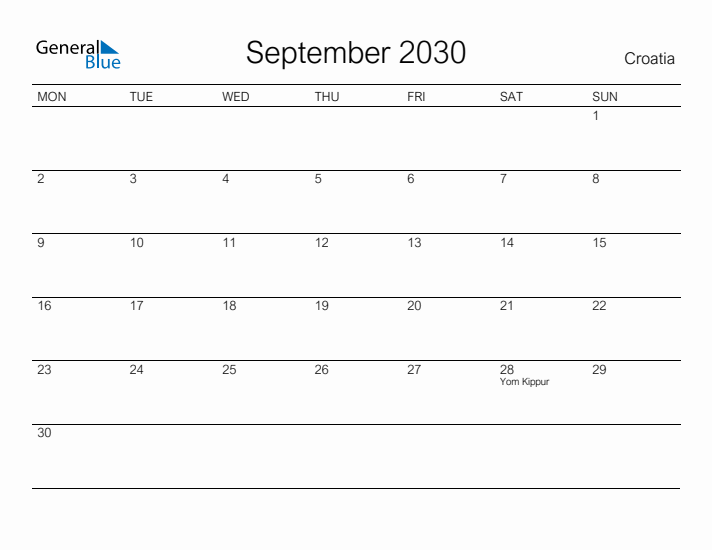 Printable September 2030 Calendar for Croatia