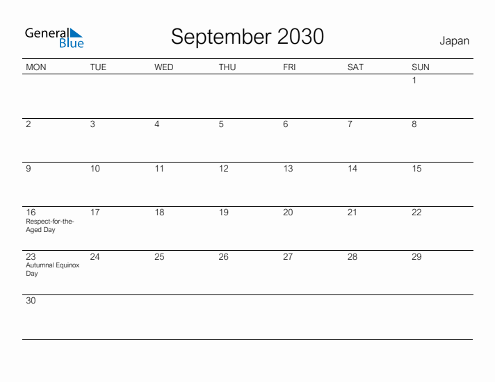 Printable September 2030 Calendar for Japan