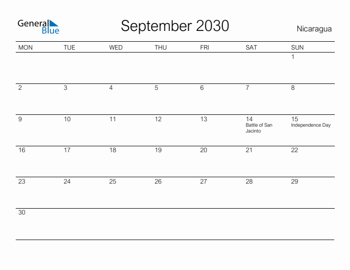 Printable September 2030 Calendar for Nicaragua