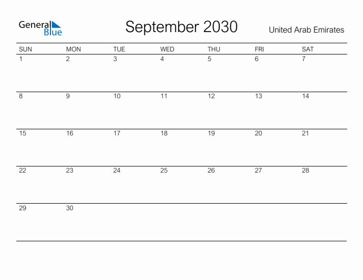 Printable September 2030 Calendar for United Arab Emirates