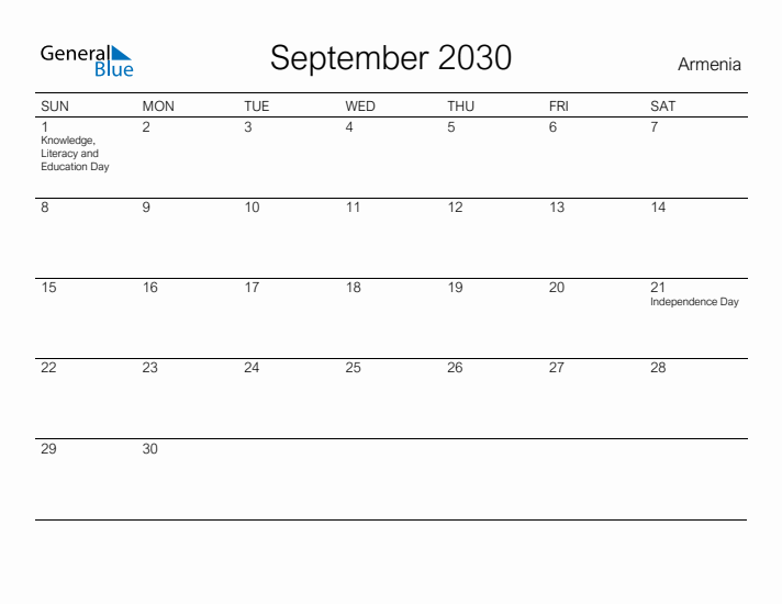 Printable September 2030 Calendar for Armenia