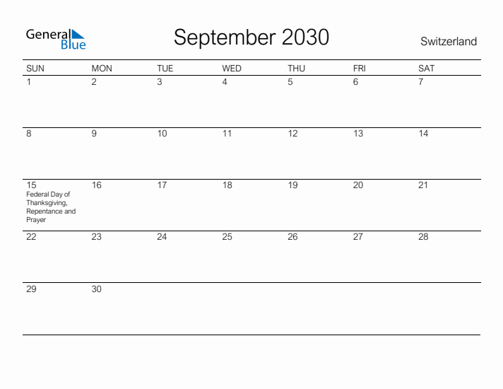 Printable September 2030 Calendar for Switzerland