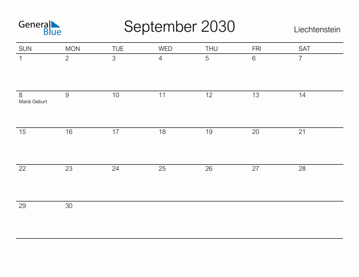 Printable September 2030 Calendar for Liechtenstein