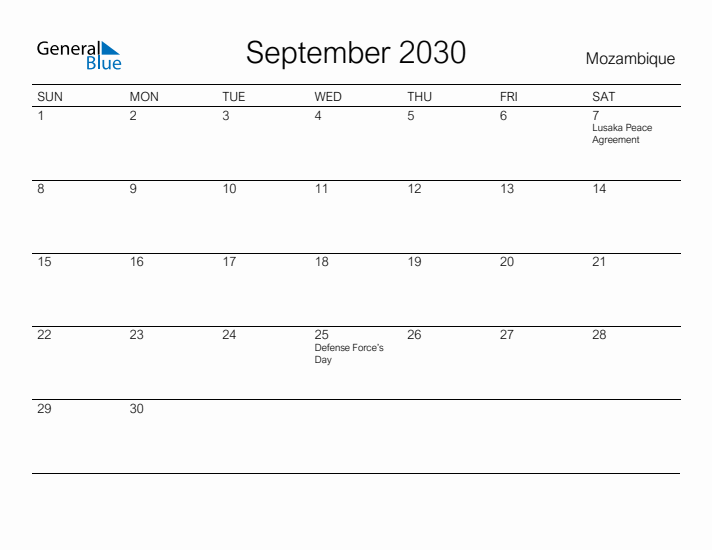 Printable September 2030 Calendar for Mozambique