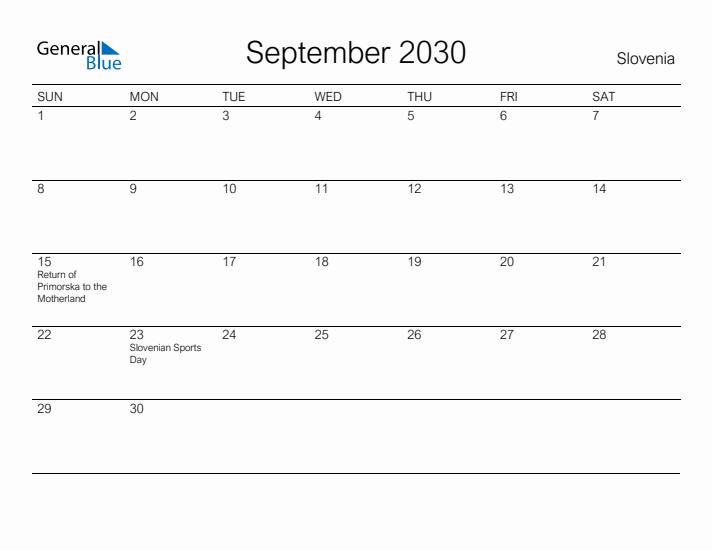 Printable September 2030 Calendar for Slovenia