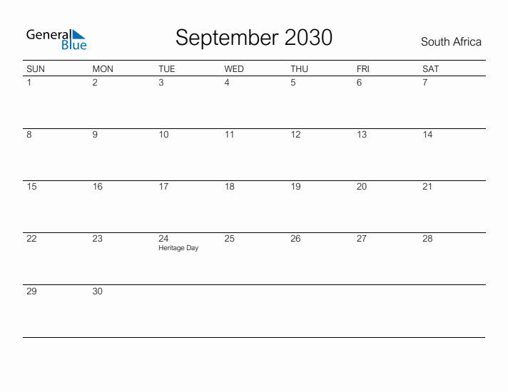 Printable September 2030 Calendar for South Africa