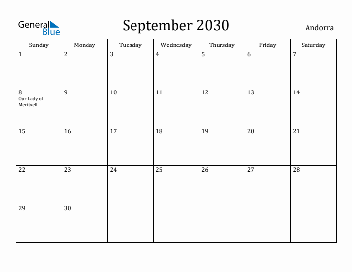 September 2030 Calendar Andorra