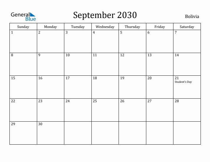 September 2030 Calendar Bolivia