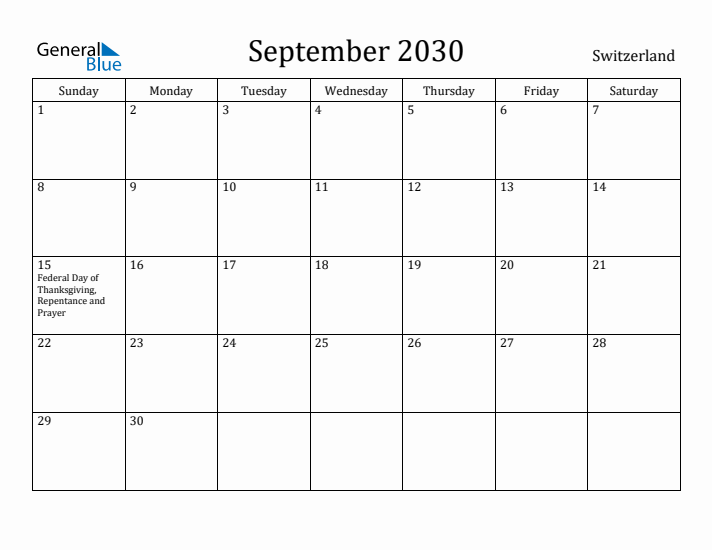 September 2030 Calendar Switzerland