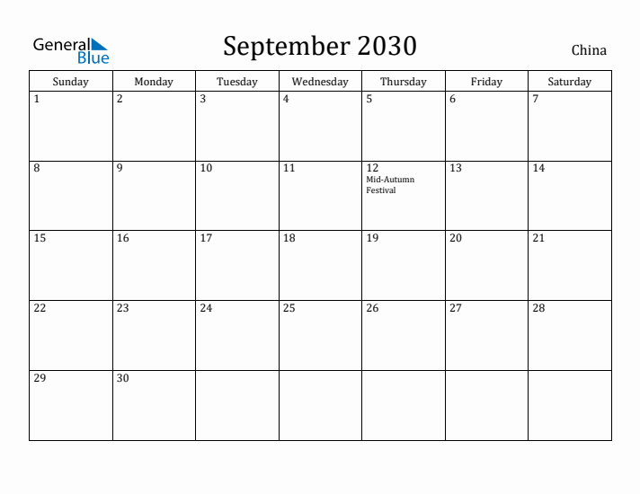 September 2030 Calendar China