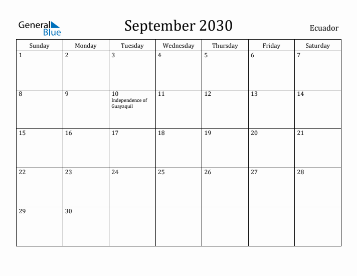 September 2030 Calendar Ecuador