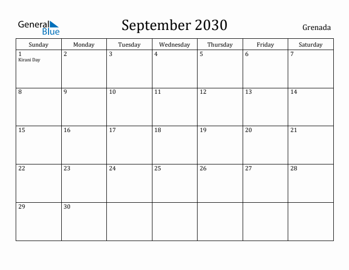 September 2030 Calendar Grenada