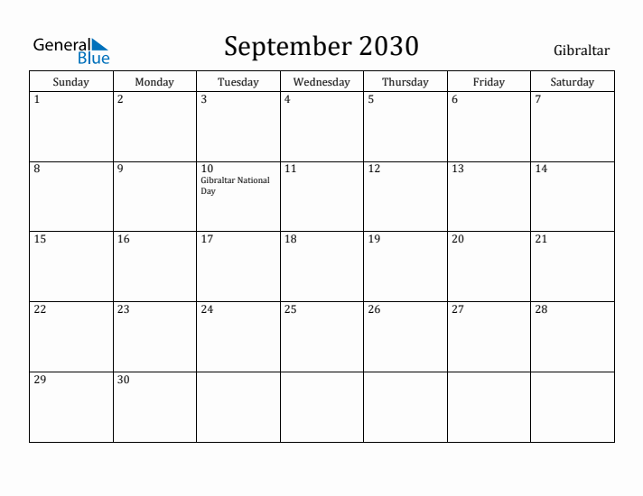 September 2030 Calendar Gibraltar