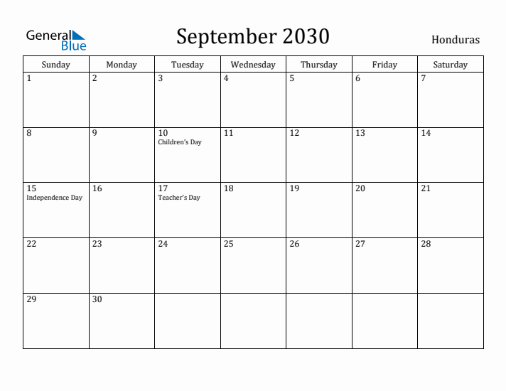 September 2030 Calendar Honduras