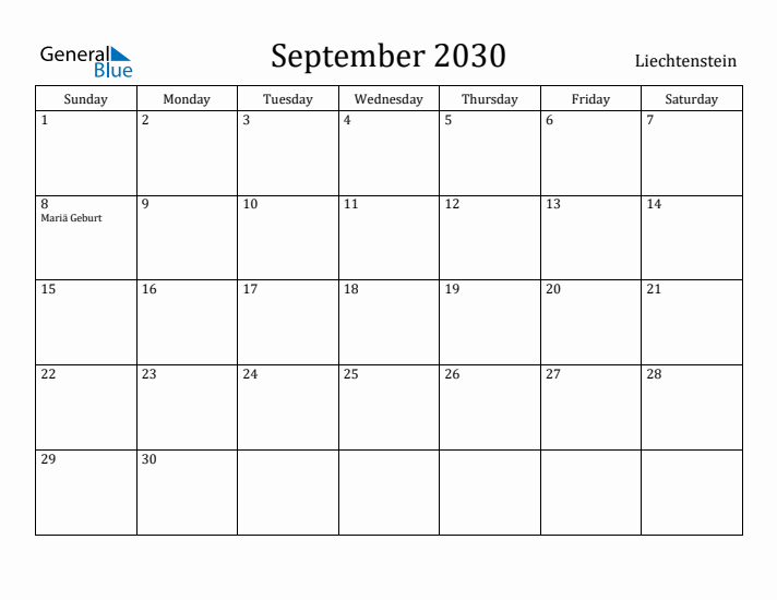 September 2030 Calendar Liechtenstein