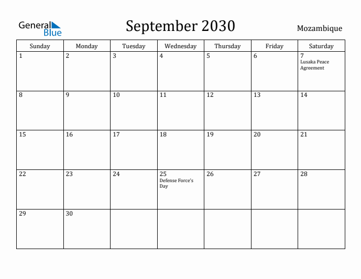 September 2030 Calendar Mozambique