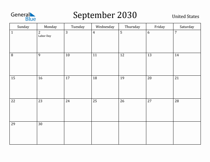 September 2030 Calendar United States