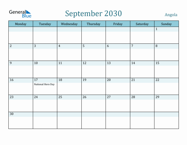 September 2030 Calendar with Holidays