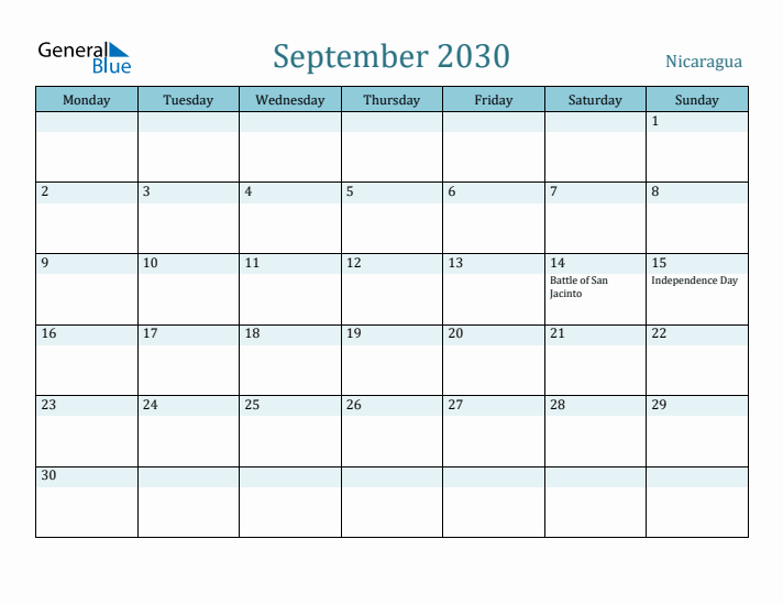 September 2030 Calendar with Holidays