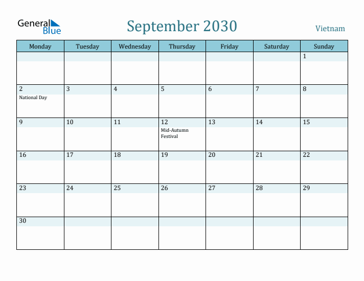 September 2030 Calendar with Holidays