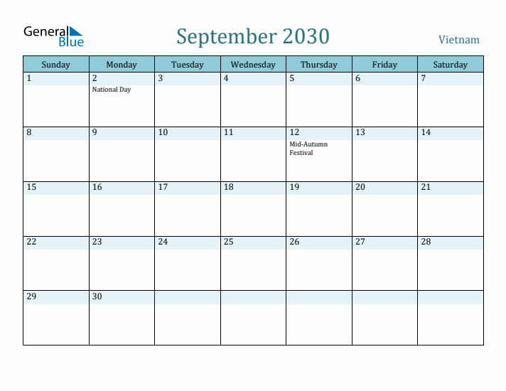 September 2030 Calendar with Holidays