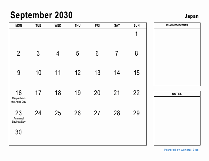 September 2030 Printable Monthly Calendar with Japan Holidays