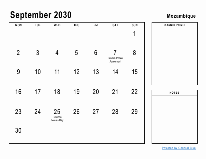 September 2030 Printable Monthly Calendar with Mozambique Holidays