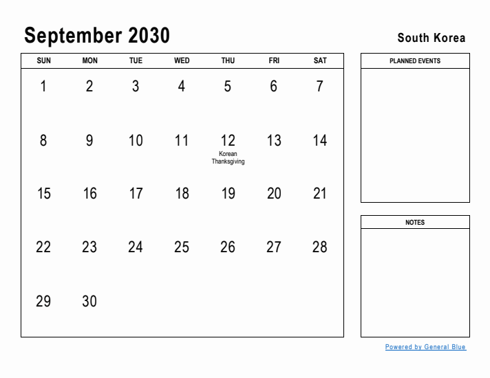 September 2030 Printable Monthly Calendar with South Korea Holidays