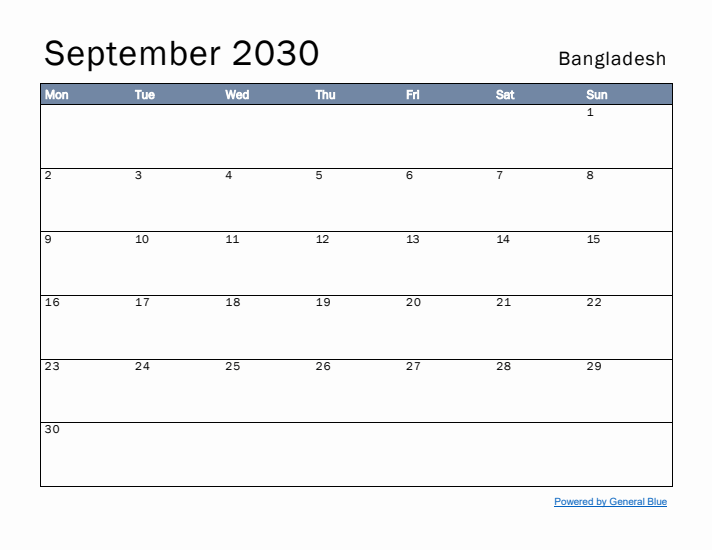 September 2030 Simple Monthly Calendar for Bangladesh