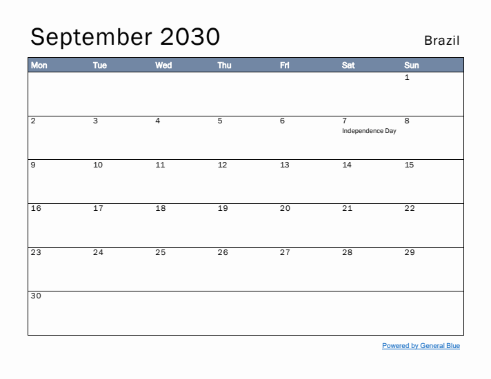 September 2030 Simple Monthly Calendar for Brazil