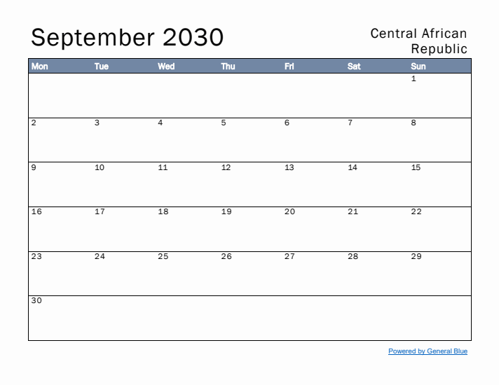 September 2030 Simple Monthly Calendar for Central African Republic