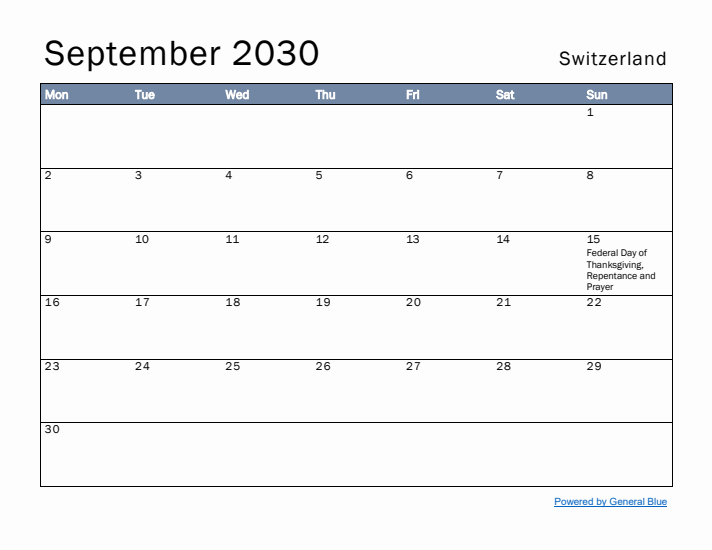 September 2030 Simple Monthly Calendar for Switzerland