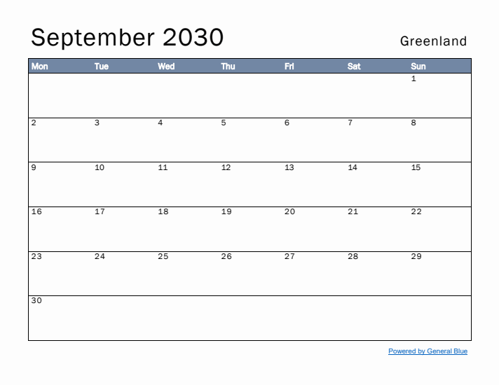 September 2030 Simple Monthly Calendar for Greenland