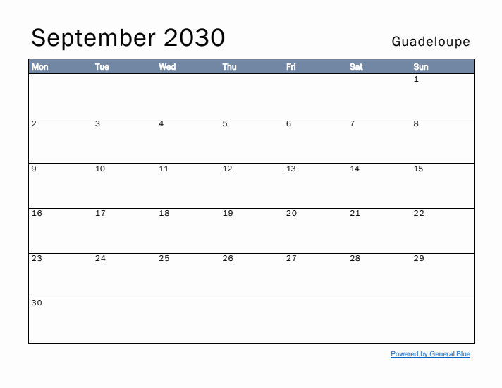 September 2030 Simple Monthly Calendar for Guadeloupe