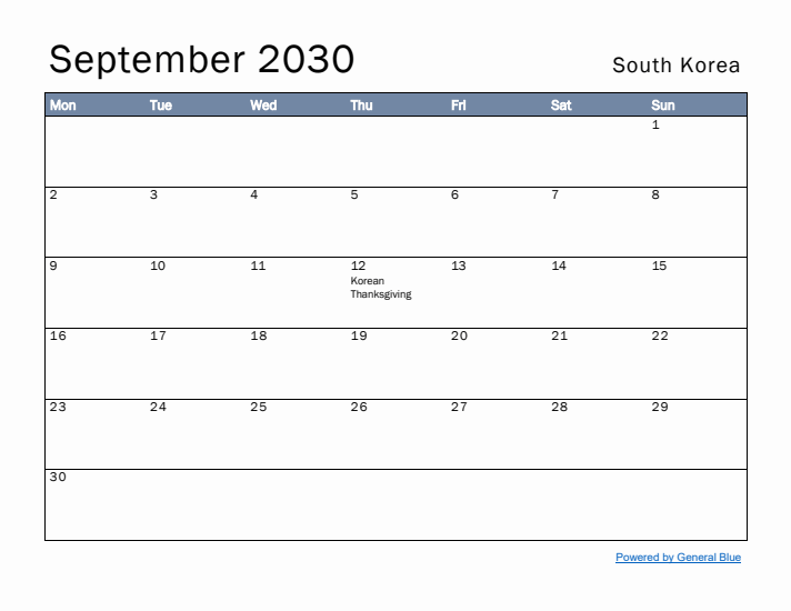 September 2030 Simple Monthly Calendar for South Korea