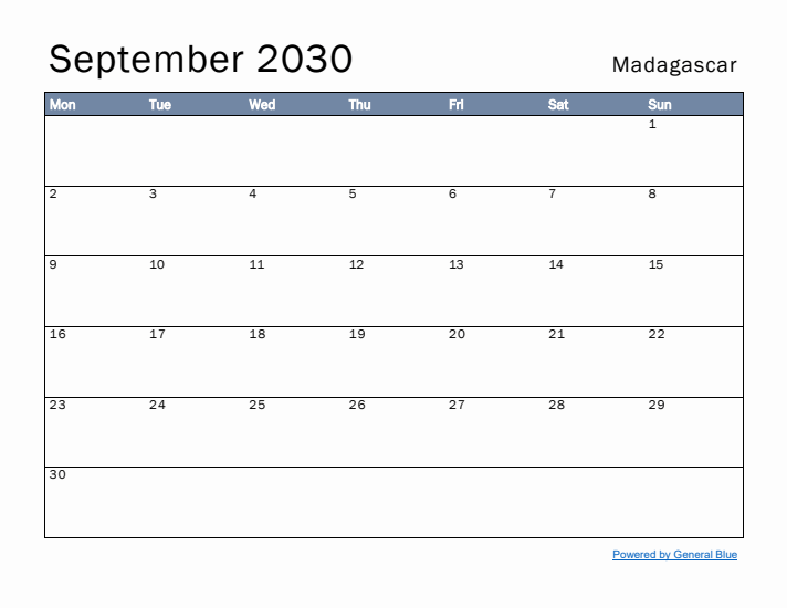 September 2030 Simple Monthly Calendar for Madagascar