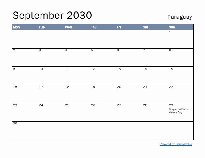 September 2030 Simple Monthly Calendar for Paraguay