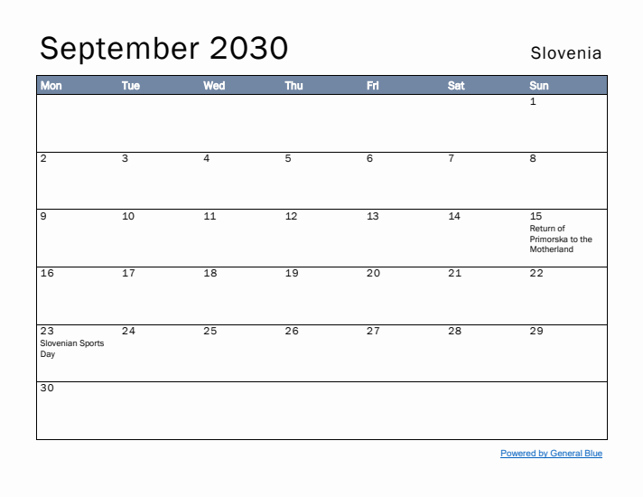 September 2030 Simple Monthly Calendar for Slovenia