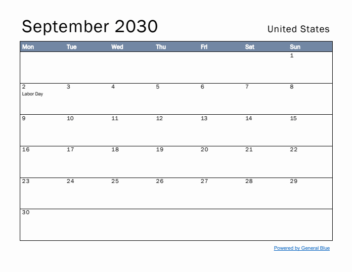 September 2030 Simple Monthly Calendar for United States