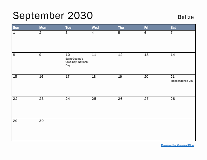 September 2030 Simple Monthly Calendar for Belize