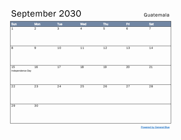 September 2030 Simple Monthly Calendar for Guatemala